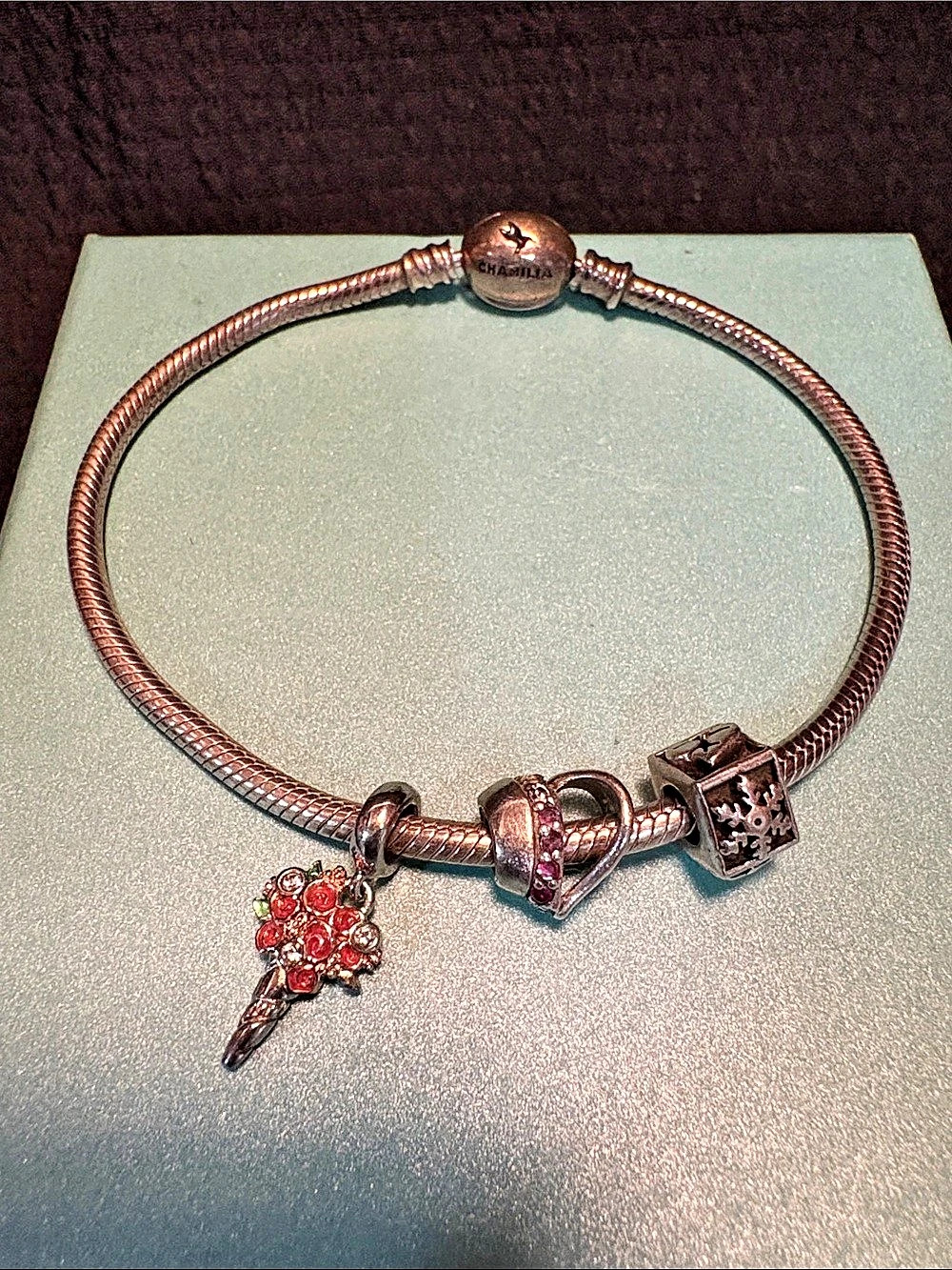 Chamilia Snake Chain Charm Bracelet plus 3 charms. 4 seasons, bouquet & heart wi